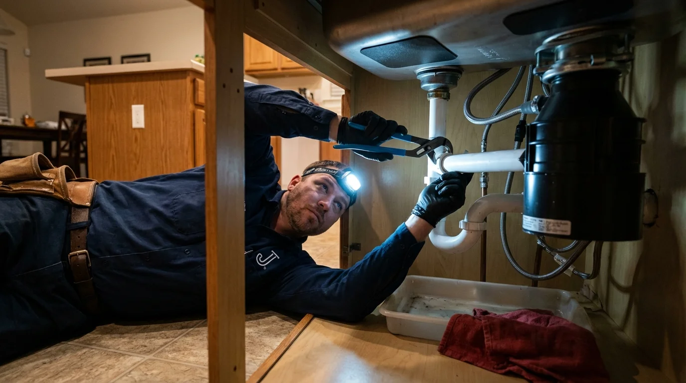 P-trap and supply line connections under a kitchen sink showing a common leak point in Glendora, CA